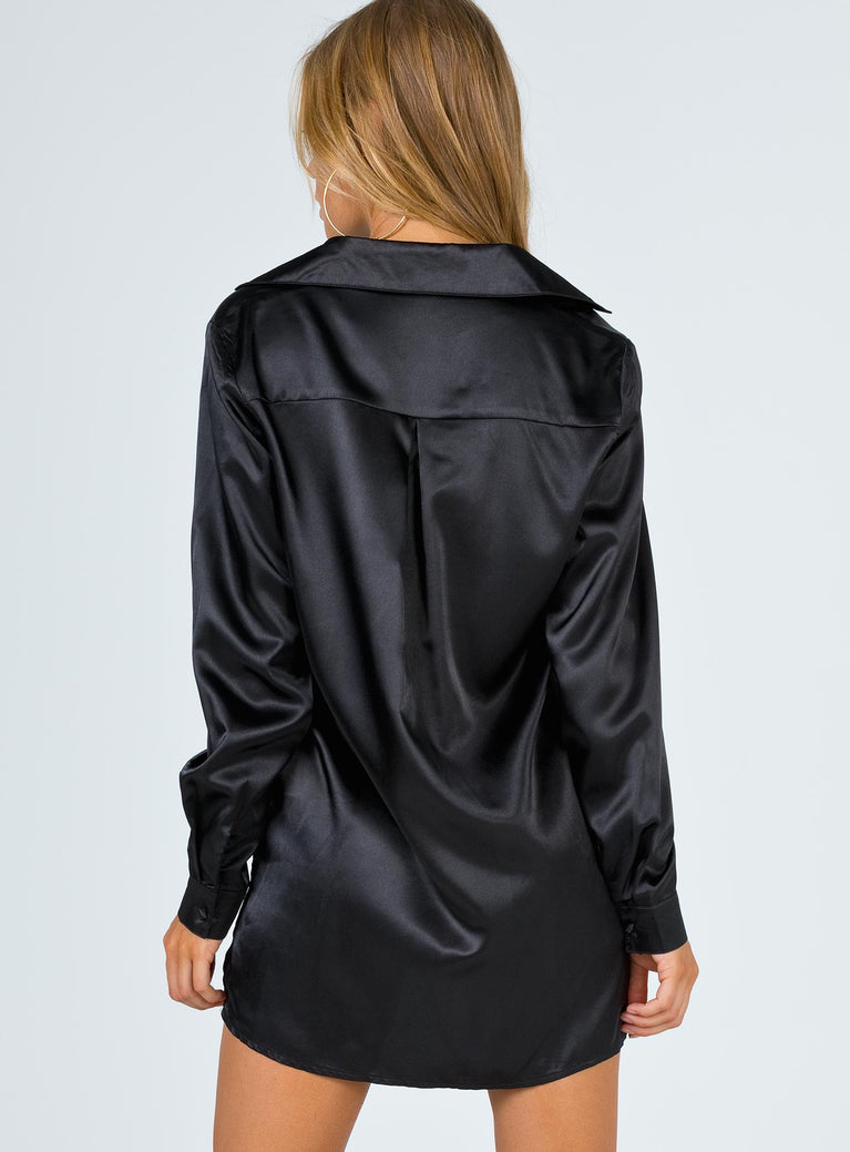 90210 Satin Shirt Mini Dress Black